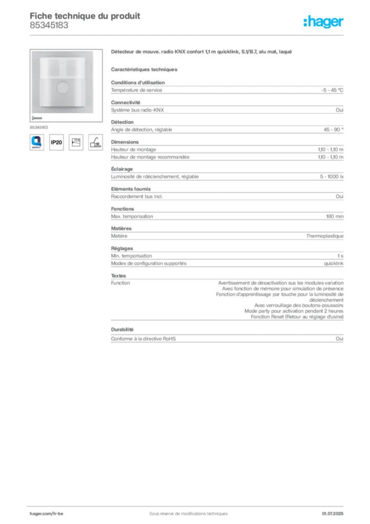 Image Hager Fiche technique du produit 85345183 | Hager Belgique