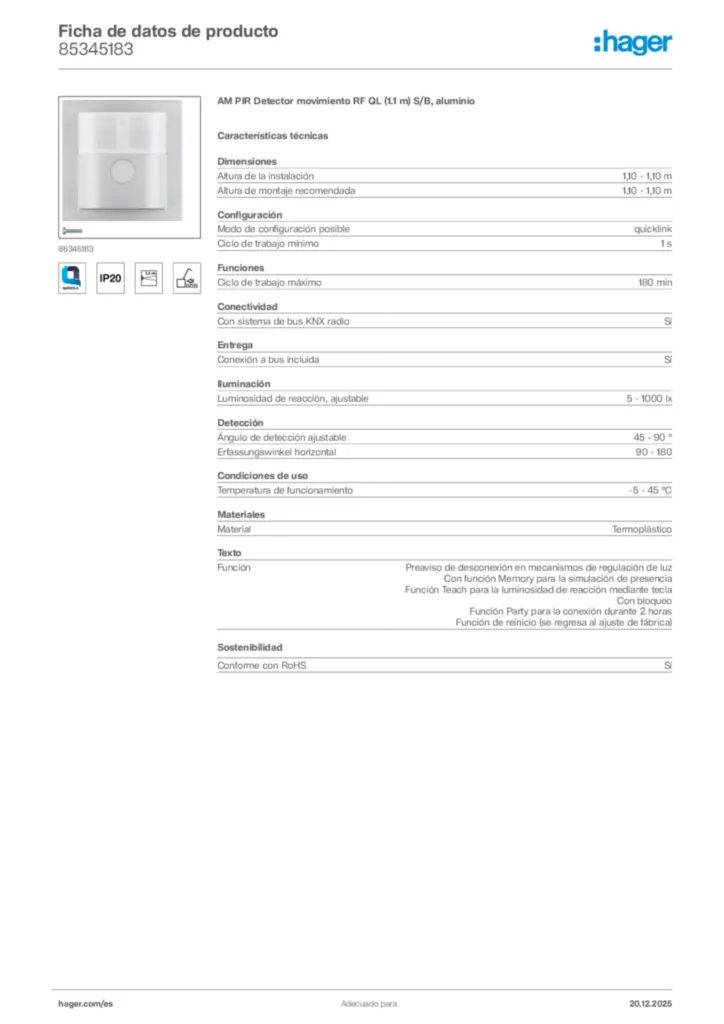 Imagen Hager Ficha de datos de producto 85345183 | Hager España