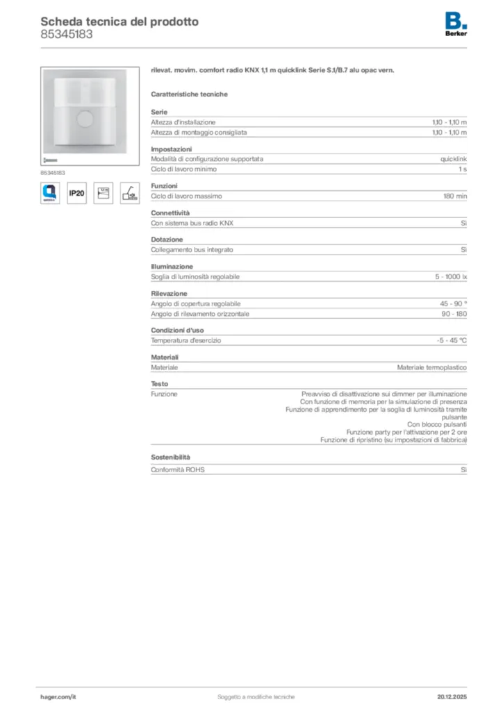 Immagine Berker Scheda tecnica del prodotto 85345183 | Hager Italia