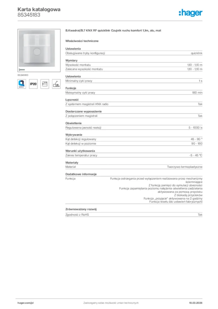 Zdjęcie Hager Karta katalogowa 85345183 | Hager Polska