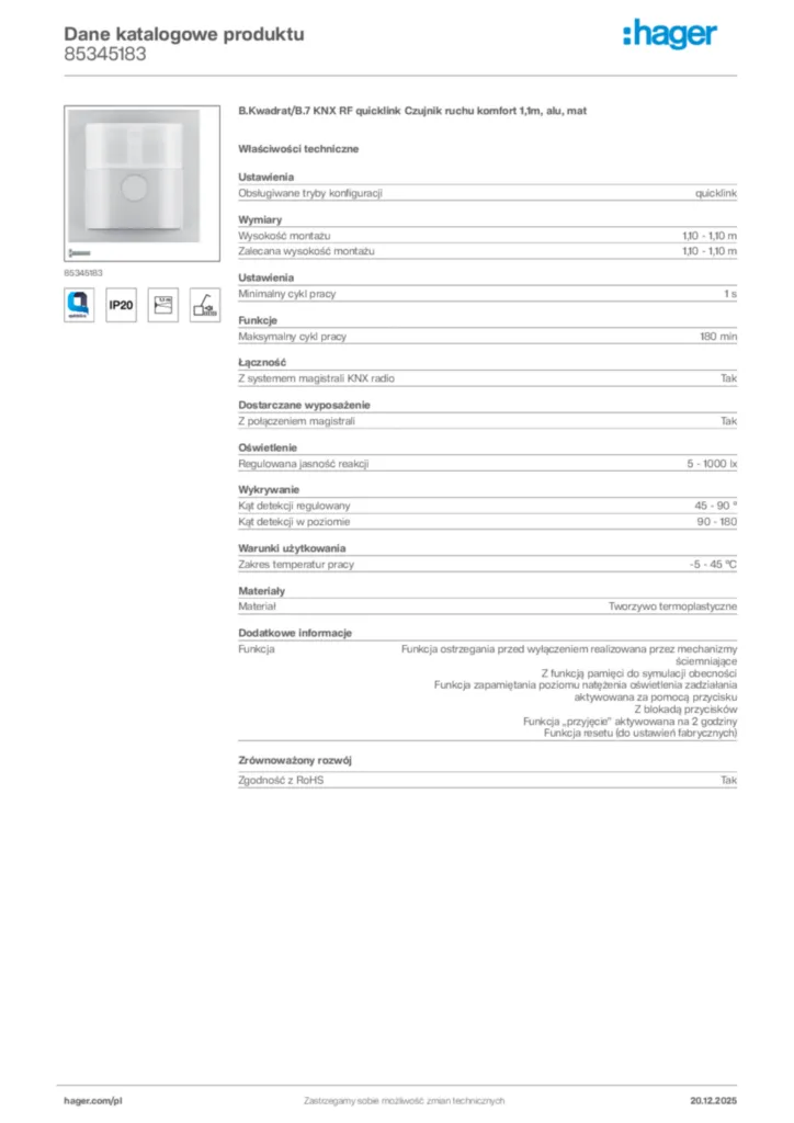 Zdjęcie Hager Dane katalogowe produktu 85345183 | Hager Polska