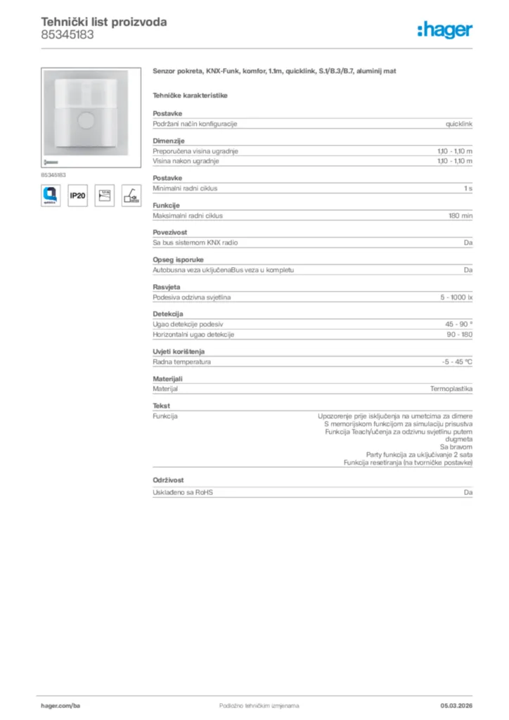 Slika Hager Tehnički list proizvoda 85345183  | Hager