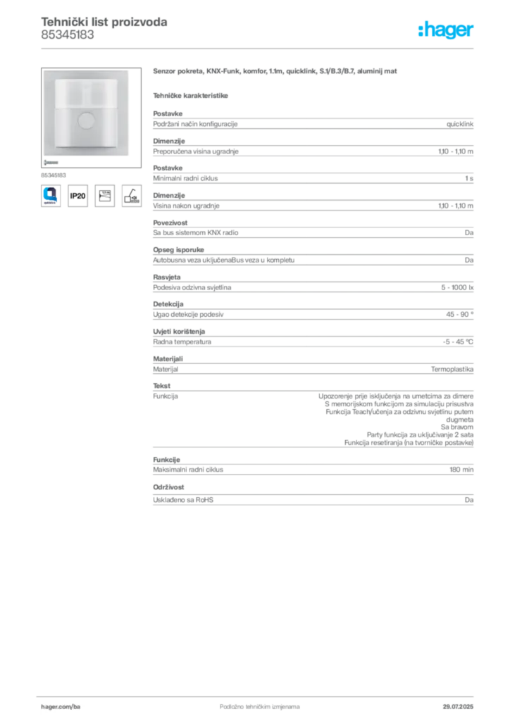 Slika Hager Product data sheet 85345183  | Hager