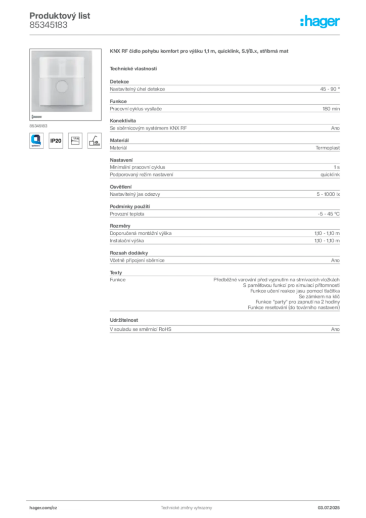 Obrázek Hager Produktový list 85345183 | Hager
