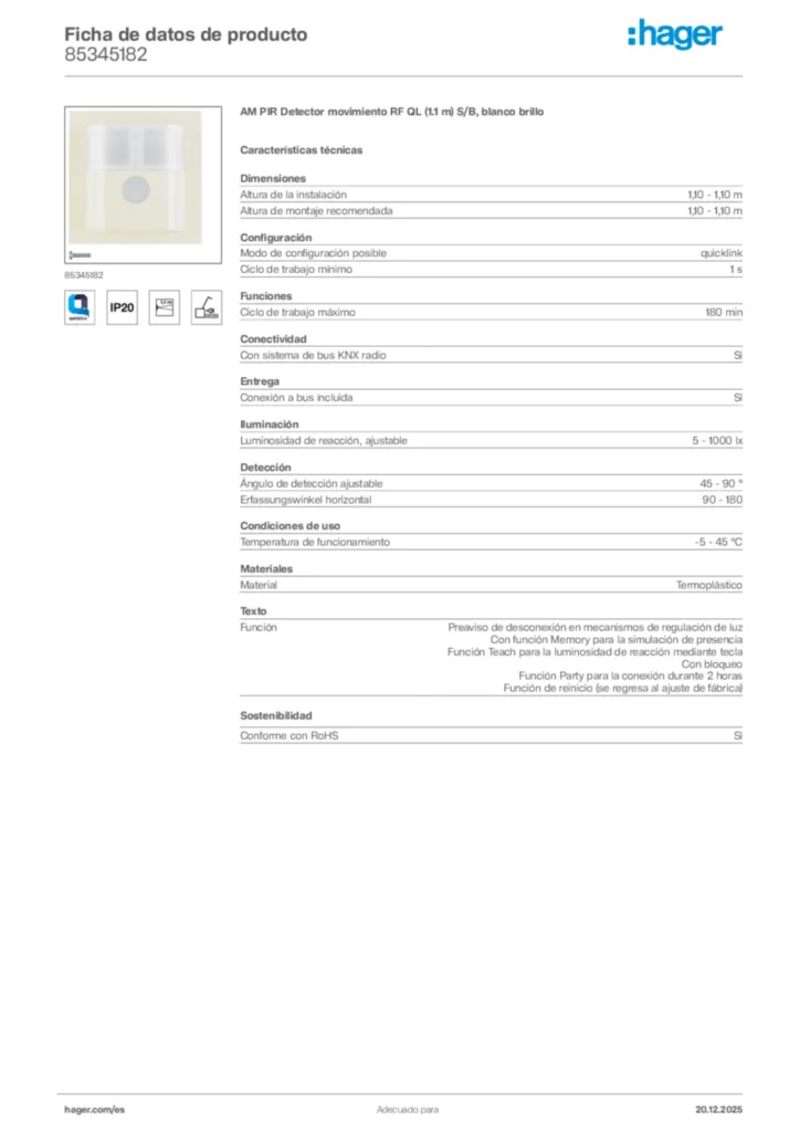 Imagen Hager Ficha de datos de producto 85345182 | Hager España