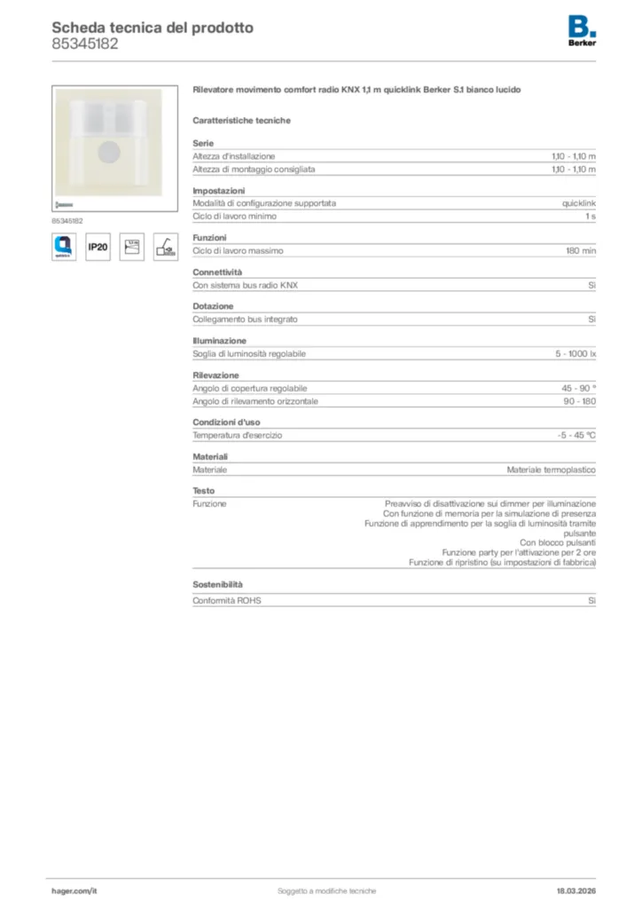 Immagine Berker Scheda tecnica del prodotto 85345182 | Hager Italia