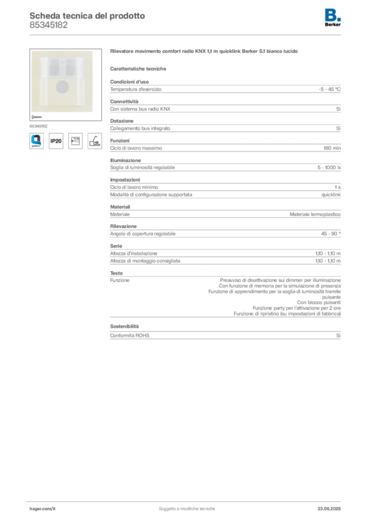 Immagine Berker Scheda tecnica del prodotto 85345182 | Hager Italia