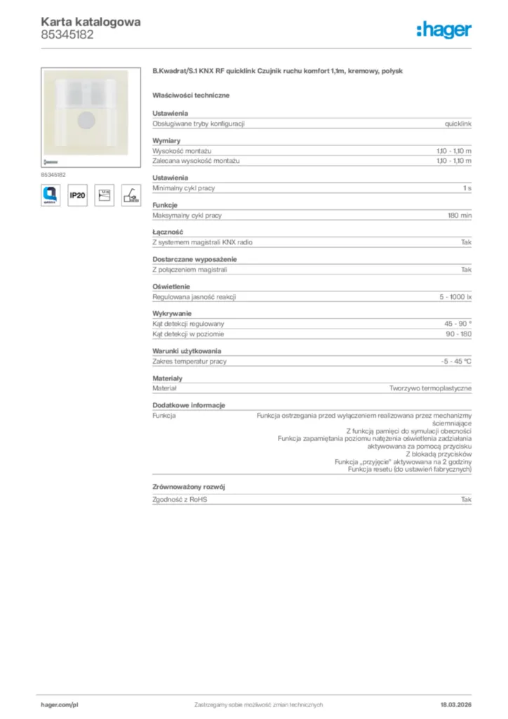 Zdjęcie Hager Karta katalogowa 85345182 | Hager Polska