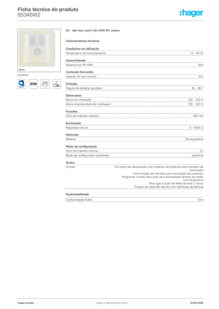 Imagem Hager Ficha técnica do produto 85345182 | Hager Portugal