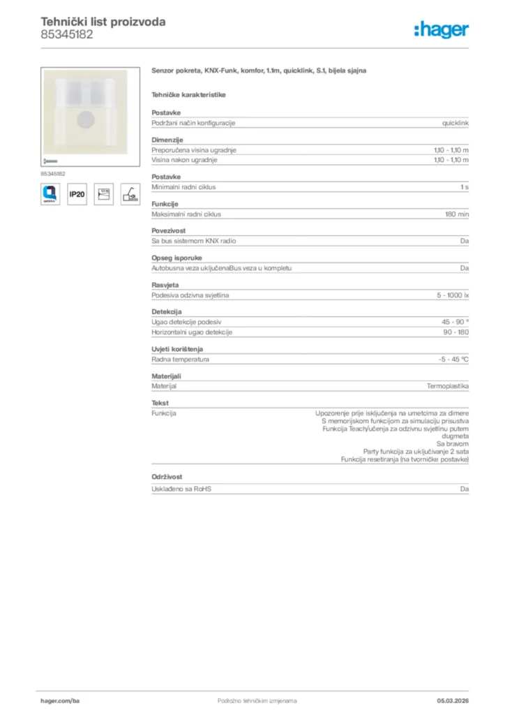 Slika Hager Tehnički list proizvoda 85345182  | Hager