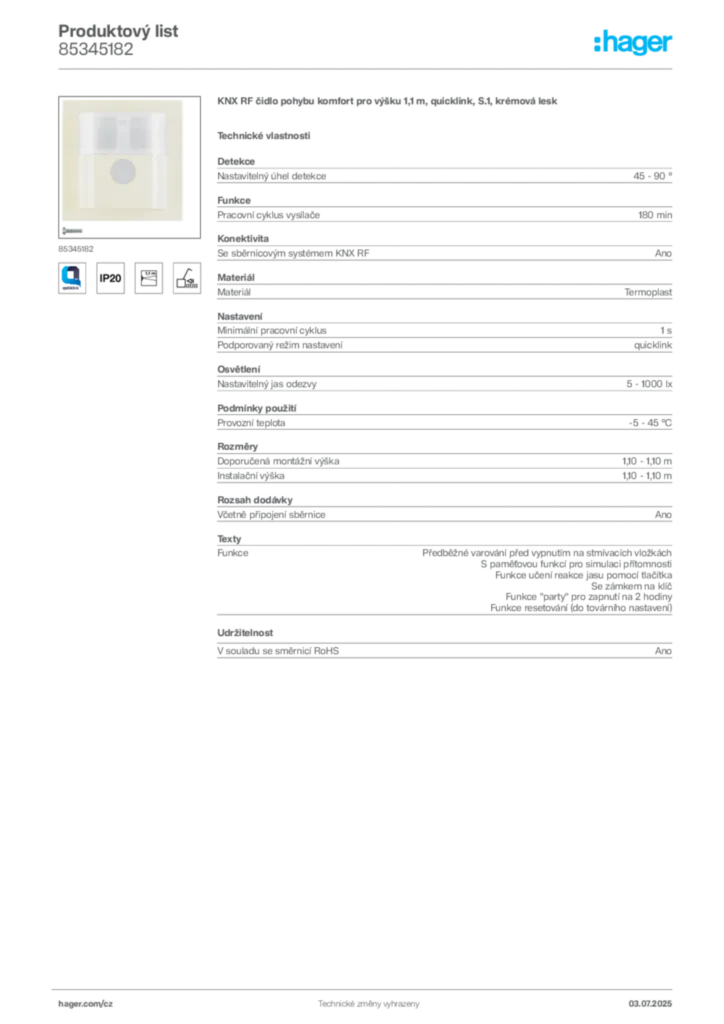 Obrázek Hager Produktový list 85345182 | Hager
