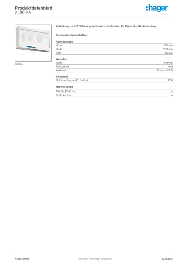 Bild Hager Produktdatenblatt ZU62EA | Hager Deutschland