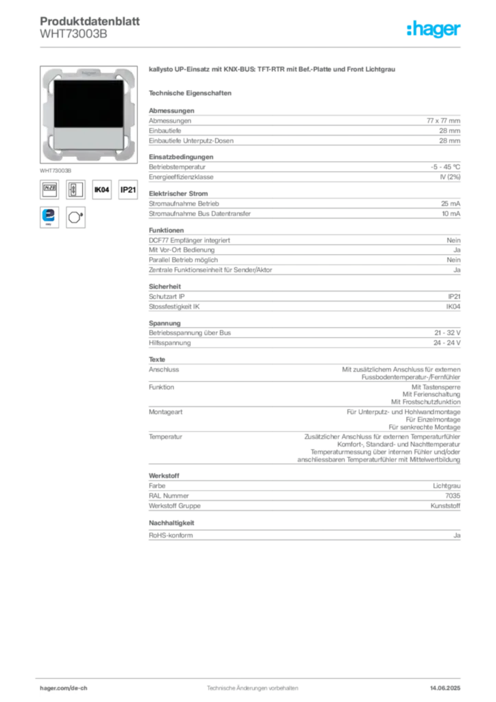 Bild Hager Produktdatenblatt WHT73003B | Hager Schweiz