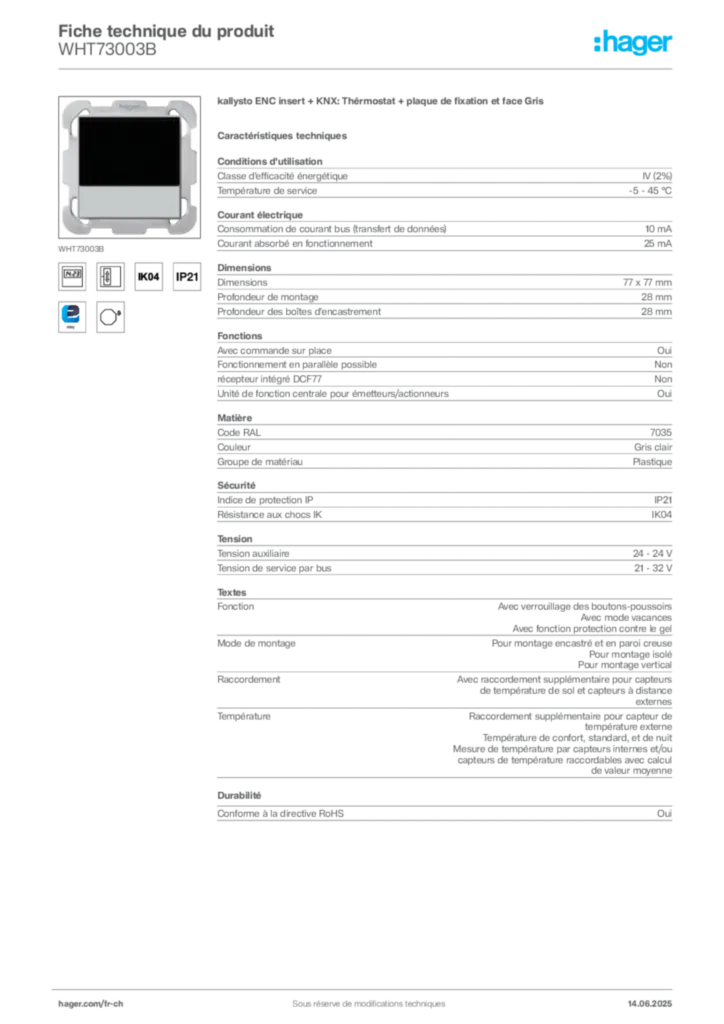Image Hager Fiche technique du produit WHT73003B | Hager Suisse