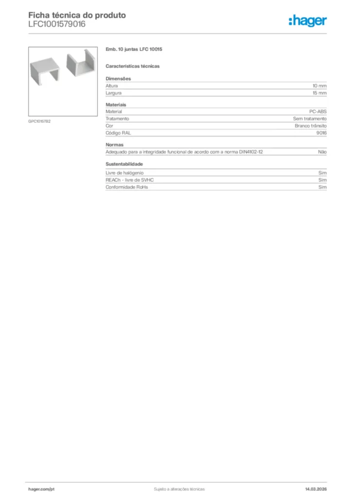 Imagem Hager Ficha técnica do produto LFC1001579016 | Hager Portugal