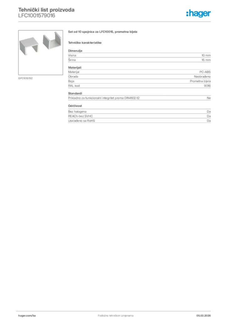 Slika Hager Tehnički list proizvoda LFC1001579016  | Hager