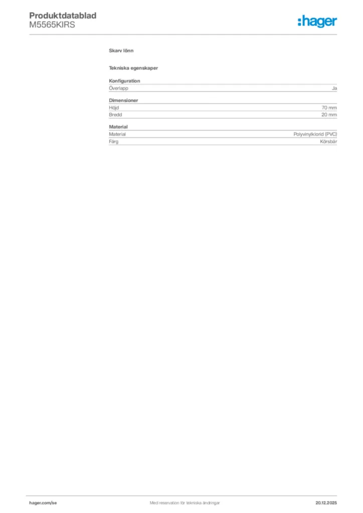 Bild Hager Produktdatablad M5565KIRS | Hager Sverige