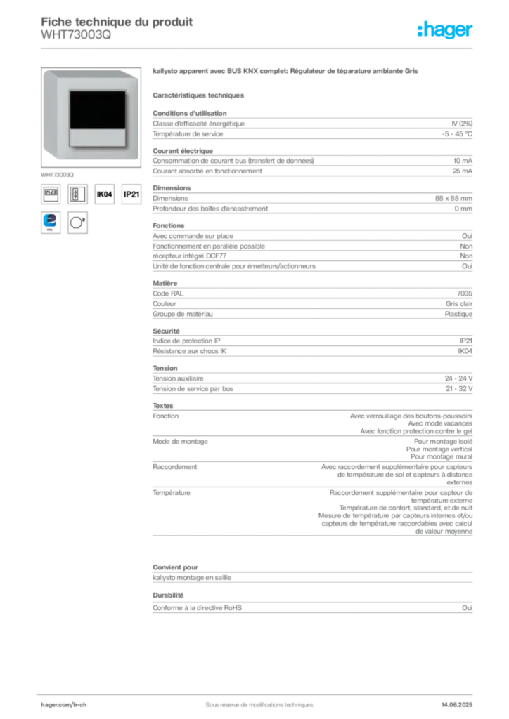 Image Hager Fiche technique du produit WHT73003Q | Hager Suisse