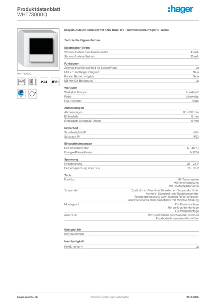 Bild Hager Produktdatenblatt WHT73000Q | Hager Schweiz