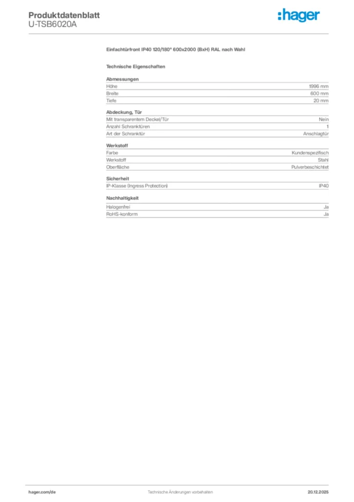 Bild Hager Produktdatenblatt U-TSB6020A | Hager Deutschland