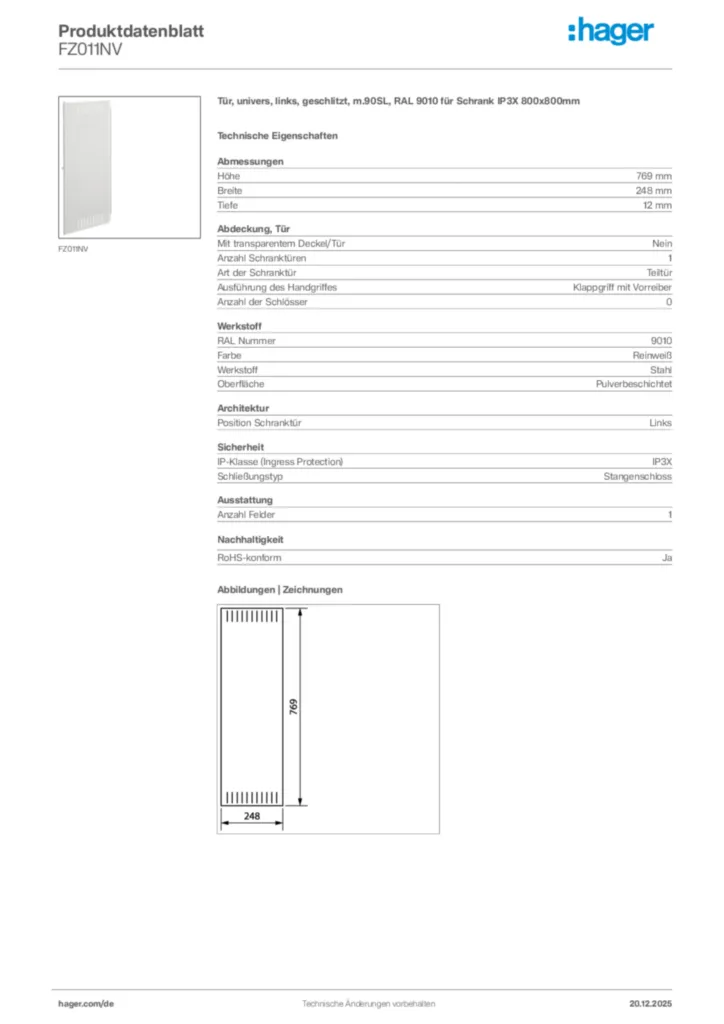 Bild Hager Produktdatenblatt FZ011NV | Hager Deutschland