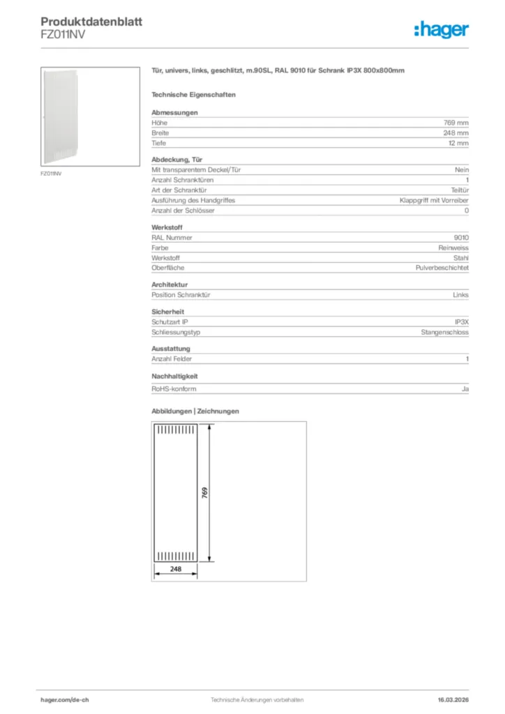 Bild Hager Produktdatenblatt FZ011NV | Hager Schweiz