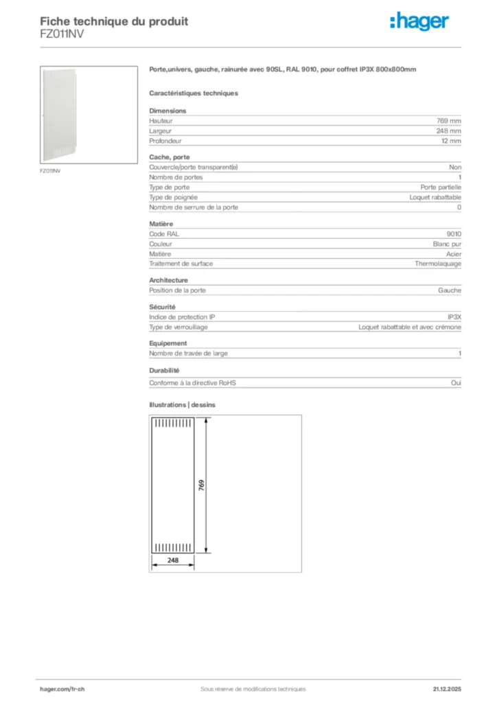 Image Hager Fiche technique du produit FZ011NV | Hager Suisse