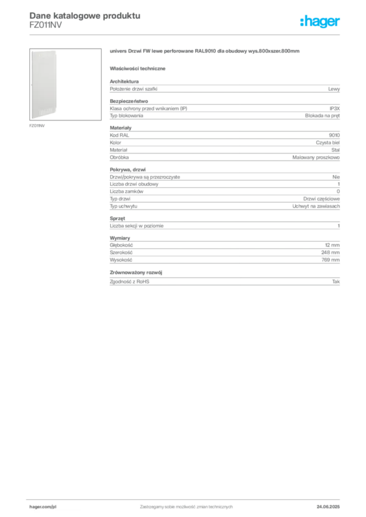 Zdjęcie Hager Dane katalogowe produktu FZ011NV | Hager Polska