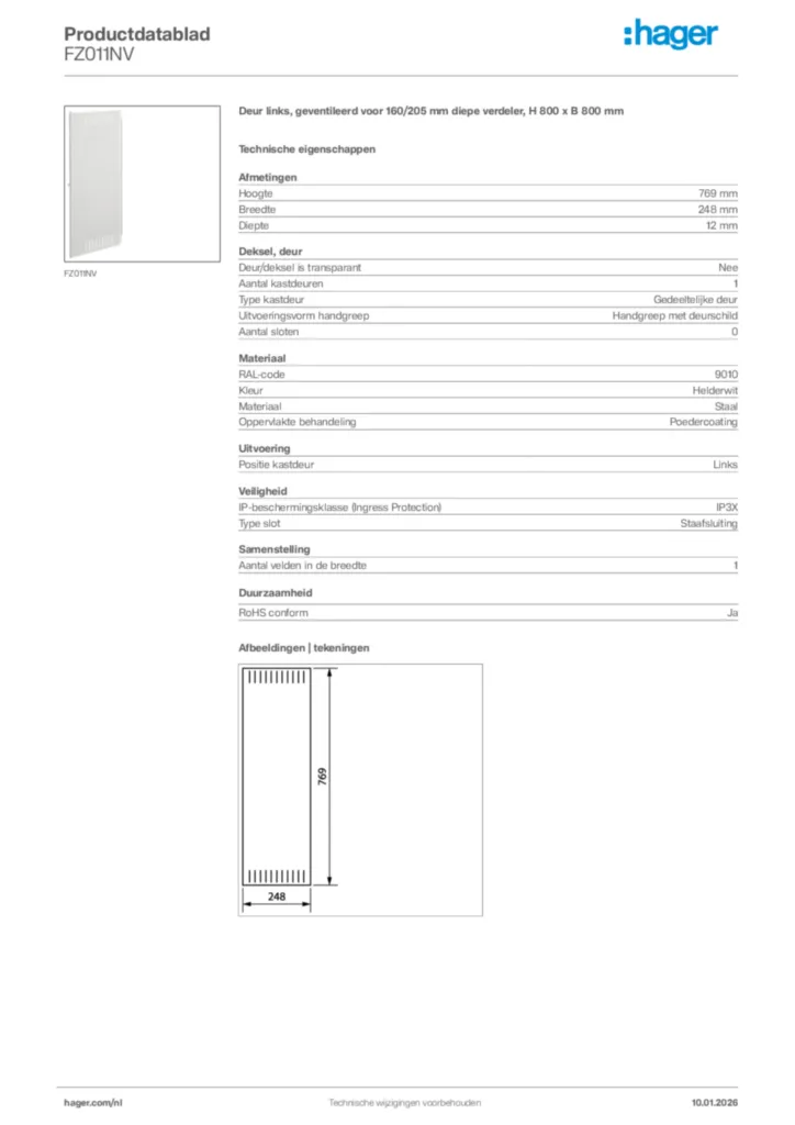 Afbeelding Hager Productdatablad FZ011NV | Hager Nederland