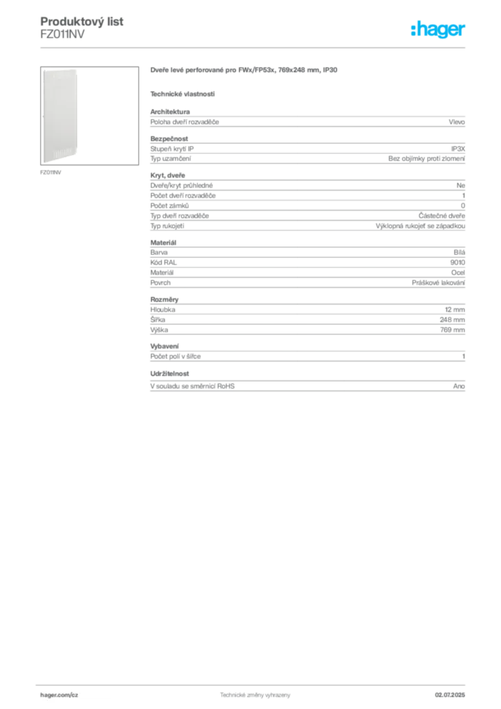 Obrázek Hager Produktový list FZ011NV | Hager