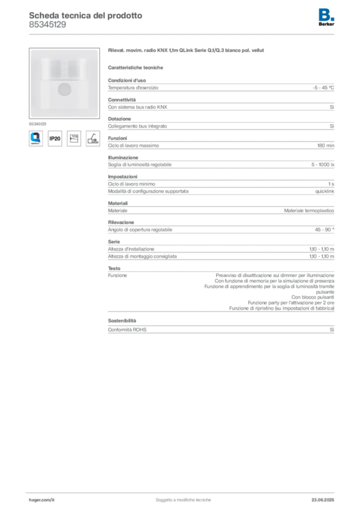 Immagine Berker Scheda tecnica del prodotto 85345129 | Hager Italia