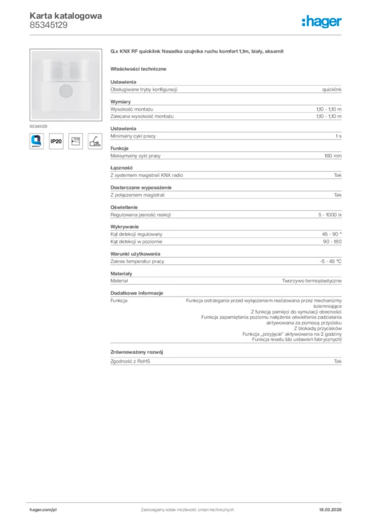 Zdjęcie Hager Karta katalogowa 85345129 | Hager Polska