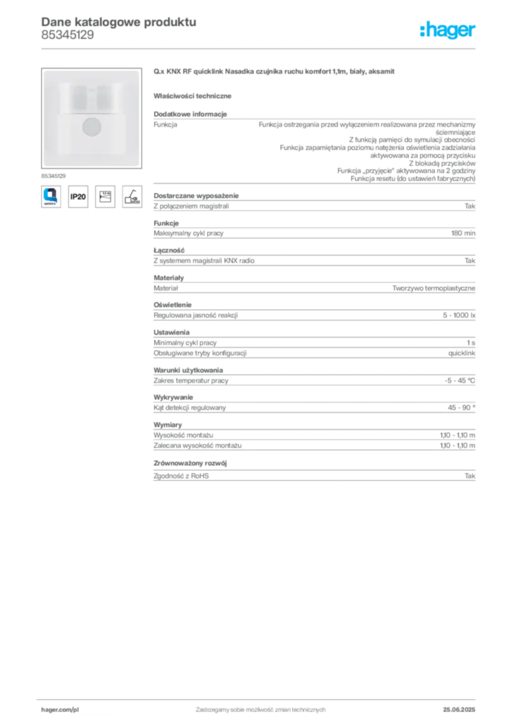 Zdjęcie Hager Dane katalogowe produktu 85345129 | Hager Polska