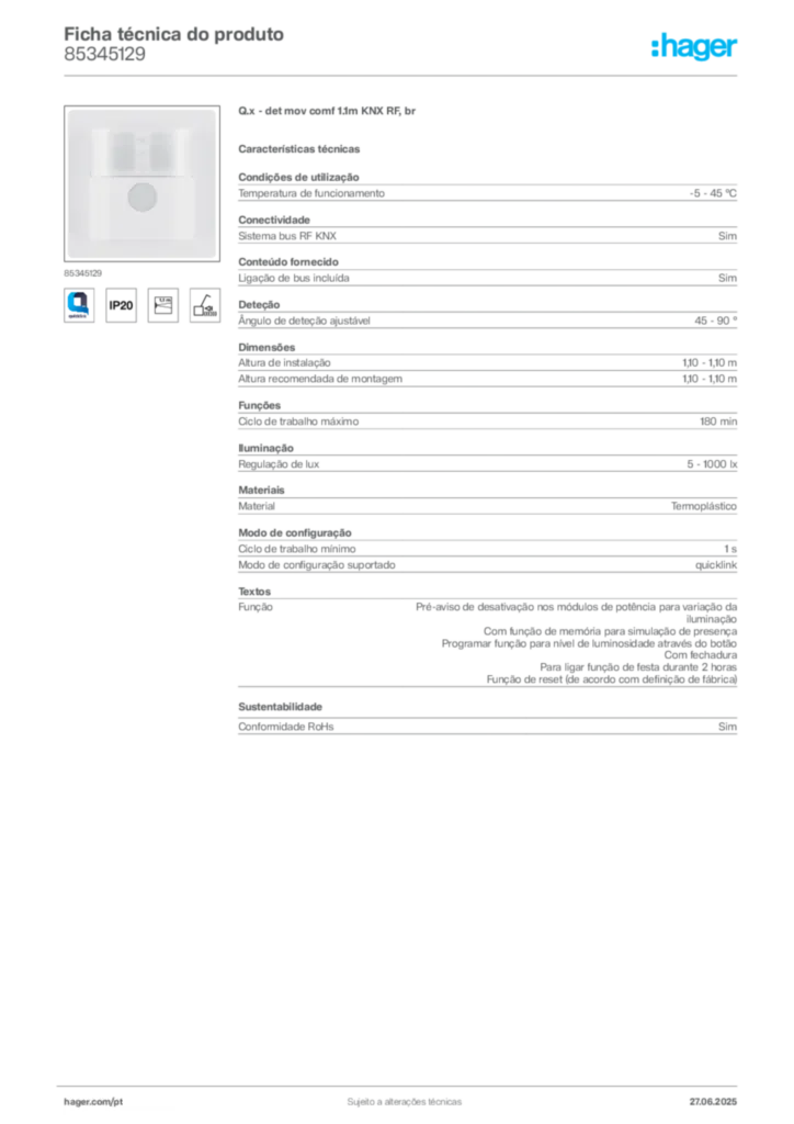 Imagem Hager Ficha técnica do produto 85345129 | Hager Portugal