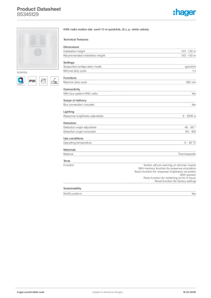 Image Hager Product data sheet 85345129  | Hager
