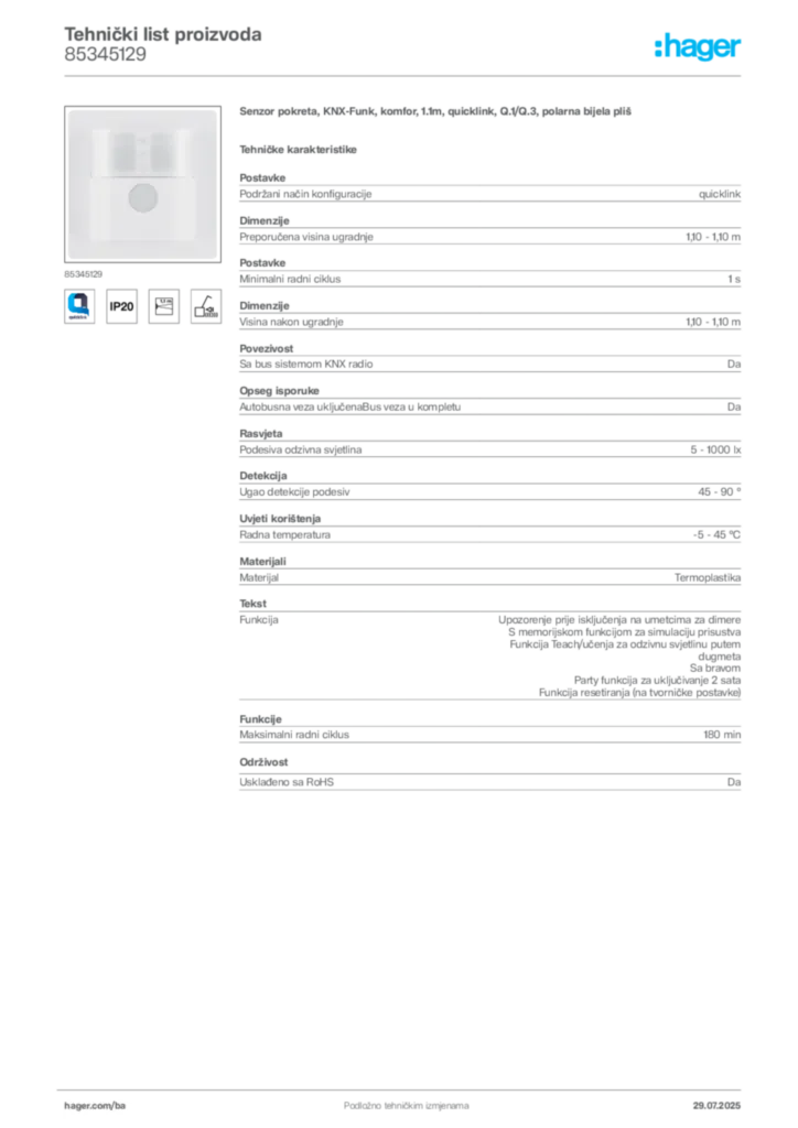 Slika Hager Product data sheet 85345129  | Hager