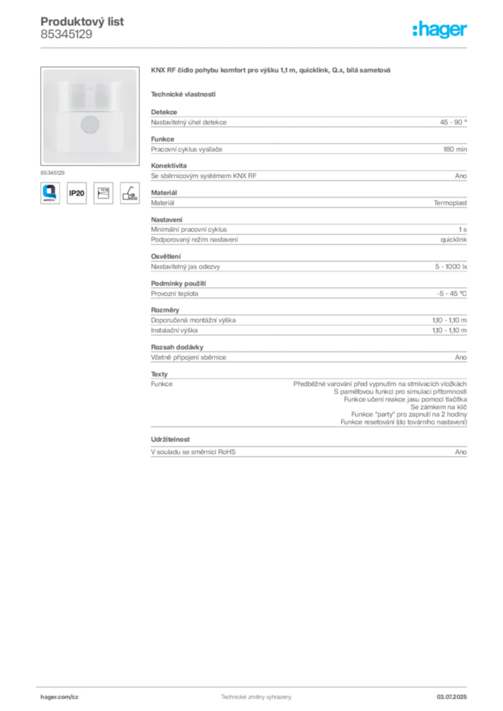 Obrázek Hager Produktový list 85345129 | Hager