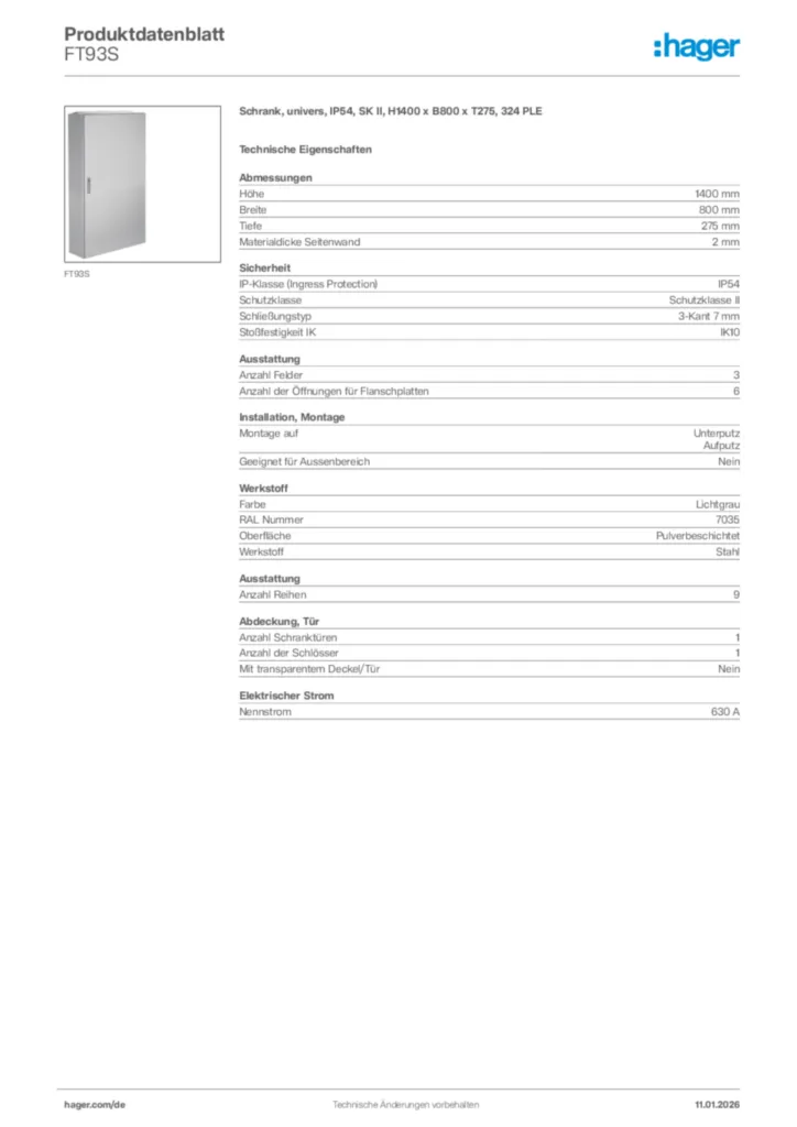Bild Hager Produktdatenblatt FT93S | Hager Deutschland