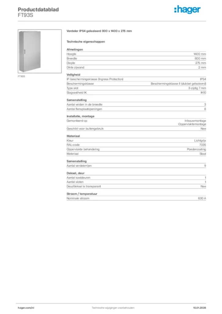 Afbeelding Hager Productdatablad FT93S | Hager Nederland