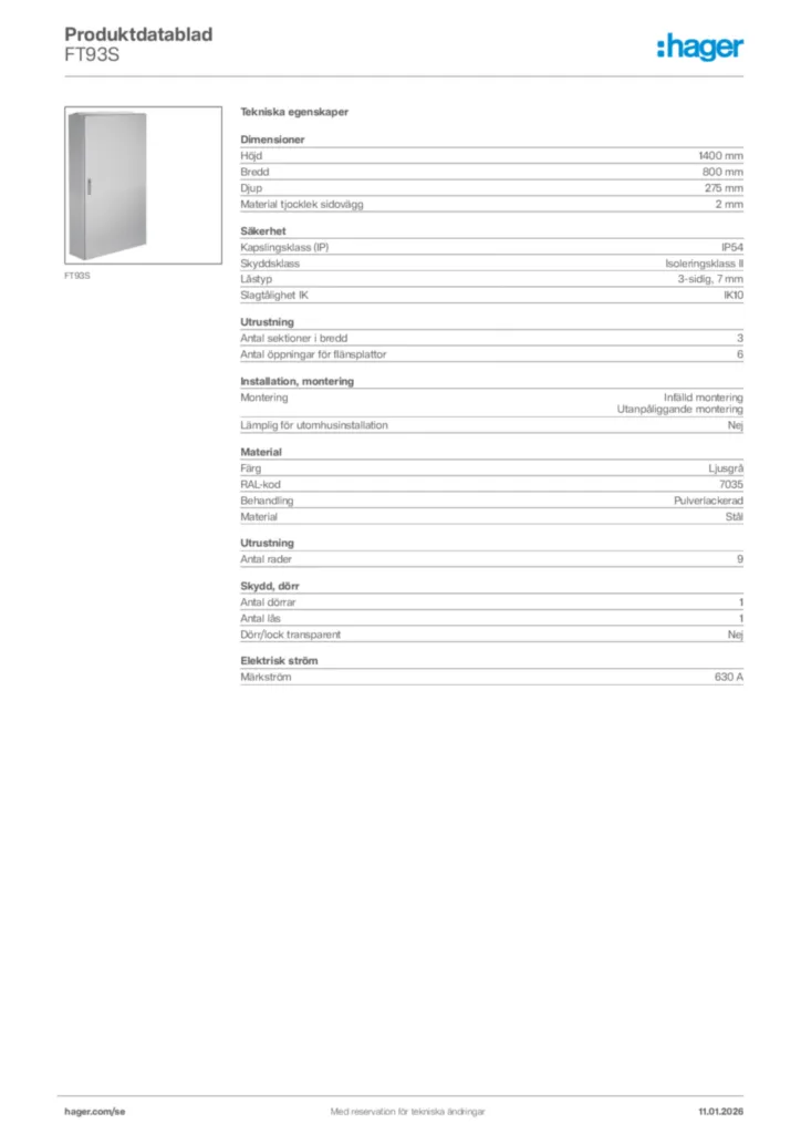 Bild Hager Produktdatablad FT93S | Hager Sverige