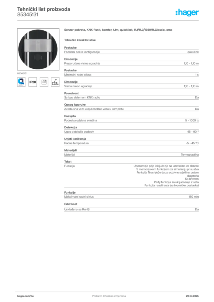 Slika Hager Product data sheet 85345131  | Hager