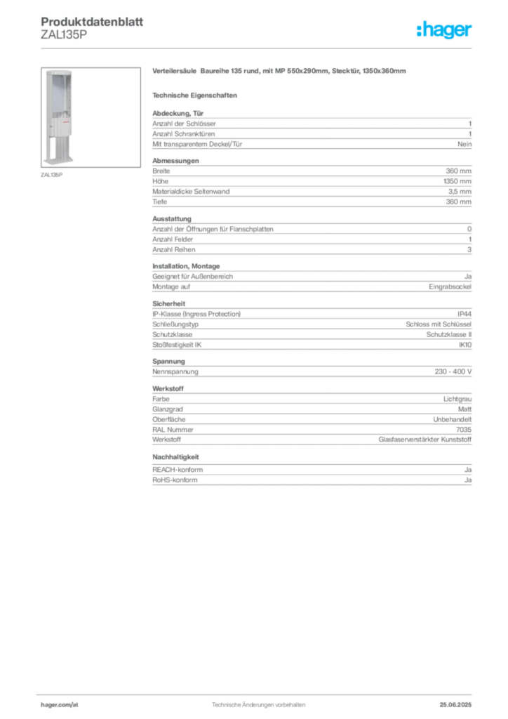 Bild Hager Produktdatenblatt ZAL135P | Hager Deutschland