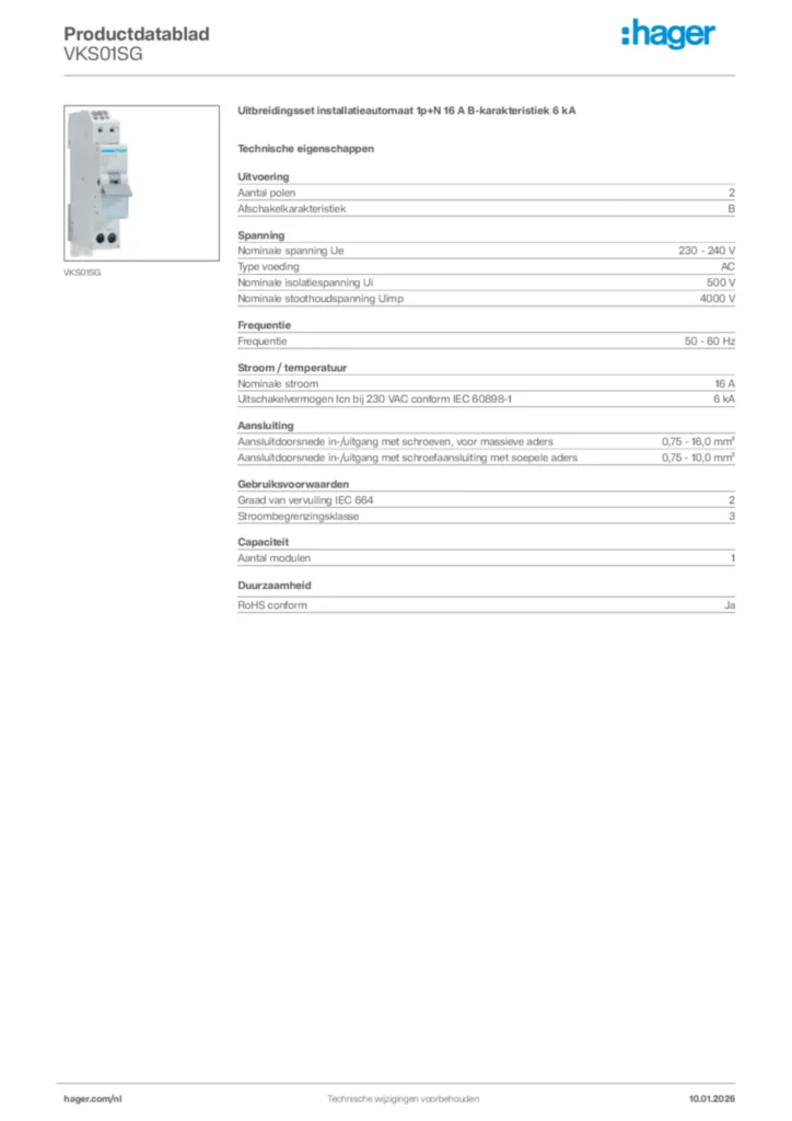 Afbeelding Hager Productdatablad VKS01SG | Hager Nederland