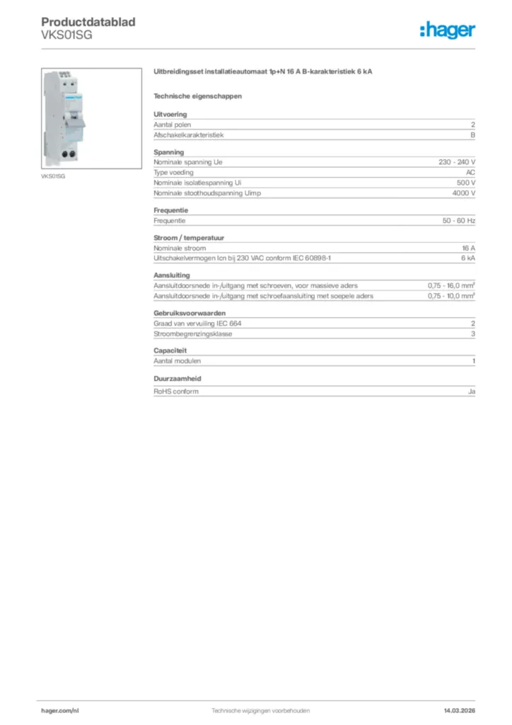 Afbeelding Hager Productdatablad VKS01SG | Hager Nederland