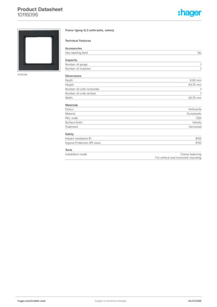 Image Hager Product data sheet 10116096  | Hager