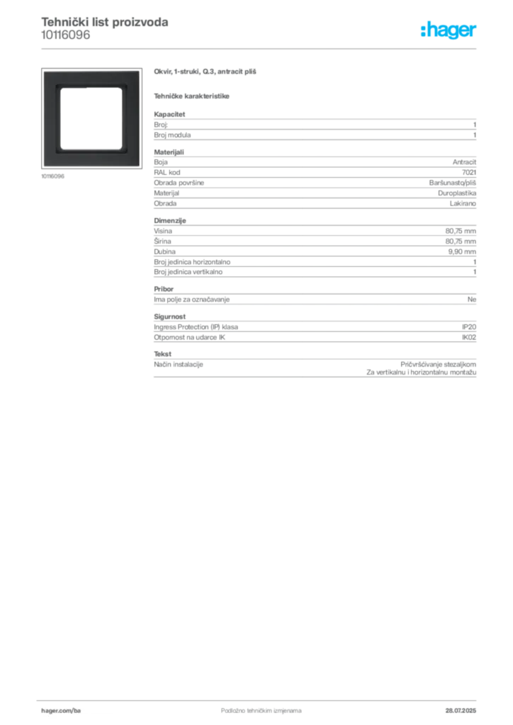 Slika Hager Product data sheet 10116096  | Hager