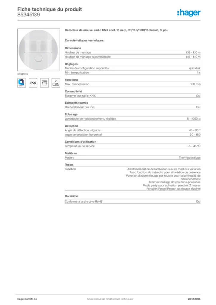 Image Hager Fiche technique du produit 85345139 | Hager Belgique