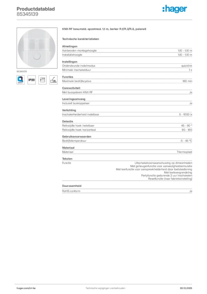 Afbeelding Hager Productdatablad 85345139 | Hager Belgium
