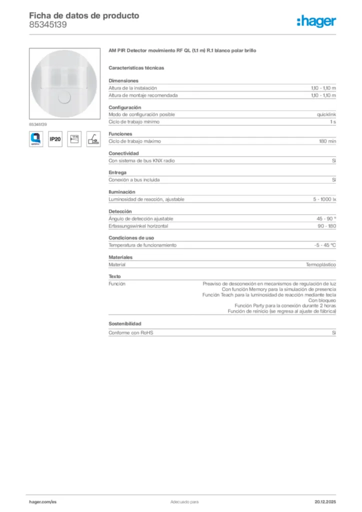 Imagen Hager Ficha de datos de producto 85345139 | Hager España