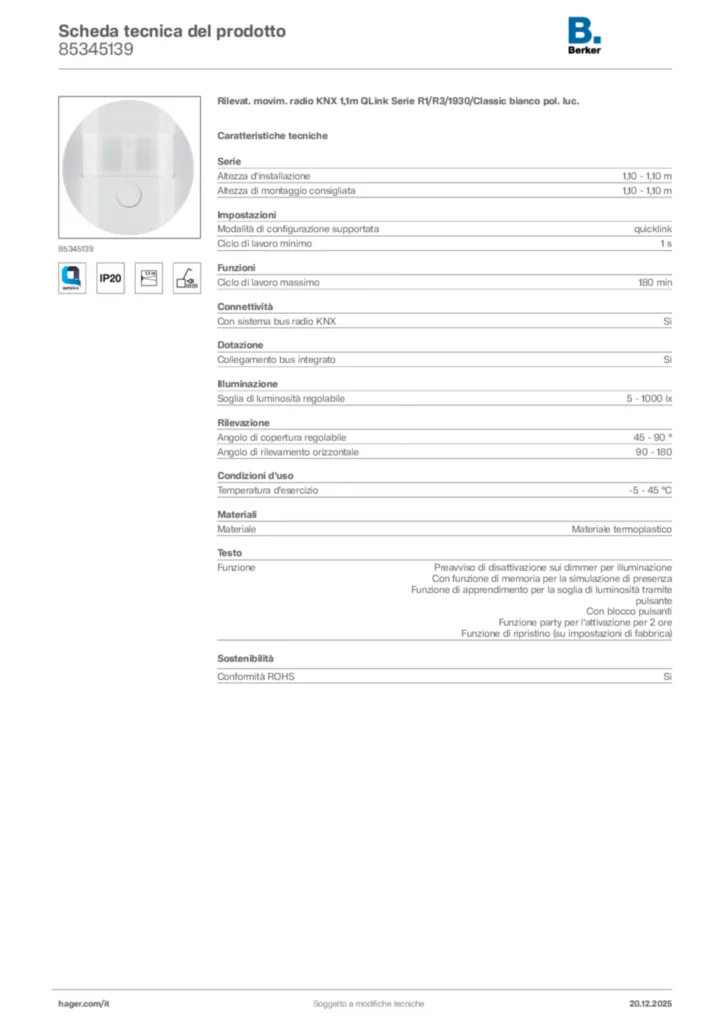 Immagine Berker Scheda tecnica del prodotto 85345139 | Hager Italia